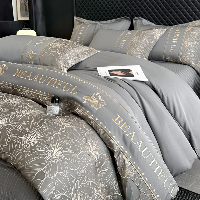 91家纺网 家纺一手货源 找家纺 首尔家纺 2026新款金丝立体浮雕提花水洗真丝天丝床盖款四件套 百合-深灰