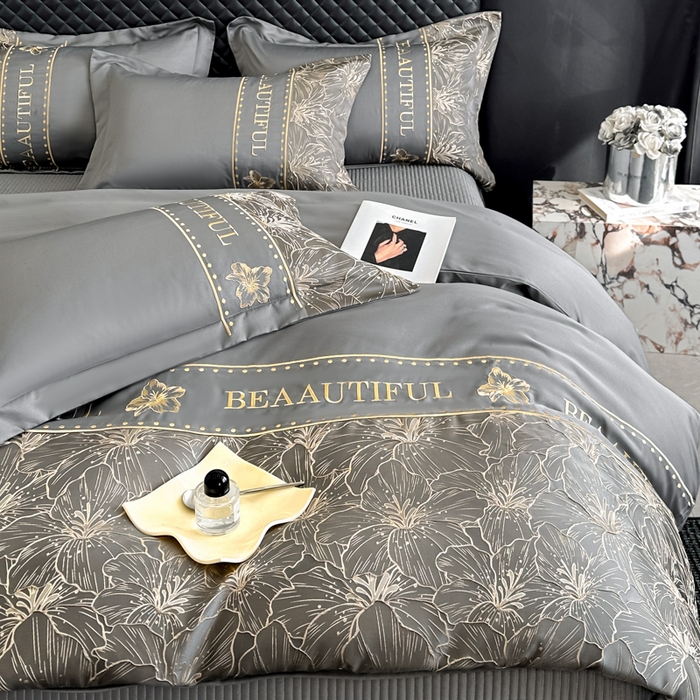 91家纺网 家纺一手货源 找家纺 首尔家纺 2026新款金丝立体浮雕提花水洗真丝天丝床盖款四件套 百合-深灰