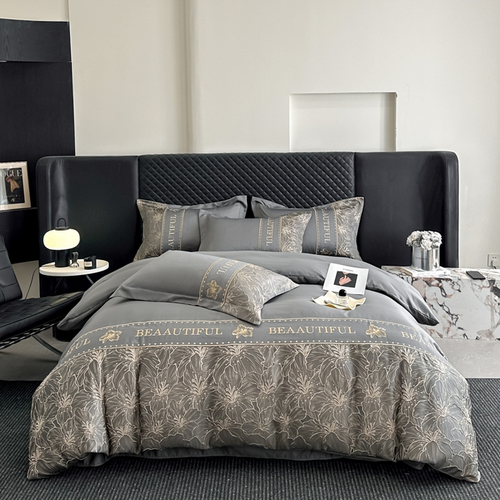 91家纺网 家纺一手货源 找家纺 首尔家纺 2026新款金丝立体浮雕提花水洗真丝天丝床盖款四件套 百合-深灰