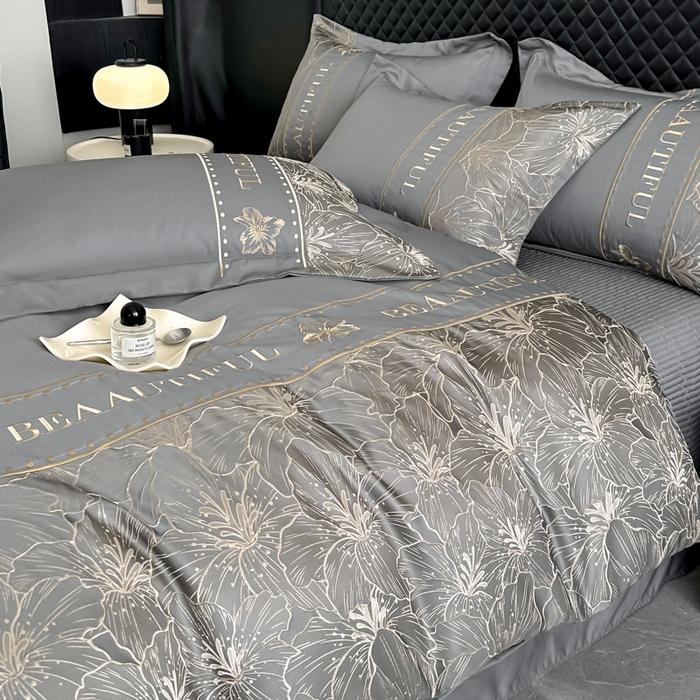 91家纺网 家纺一手货源 找家纺 首尔家纺 2026新款金丝立体浮雕提花水洗真丝天丝床盖款四件套 百合-深灰