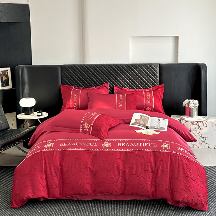 91家纺网 家纺一手货源 找家纺 首尔家纺 2026新款金丝立体浮雕提花水洗真丝天丝床盖款四件套 百合-大红