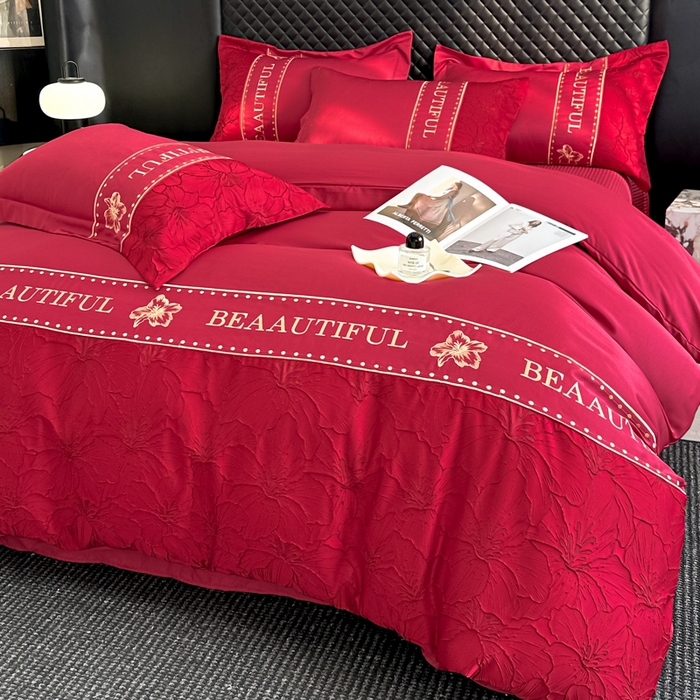 91家纺网 家纺一手货源 找家纺 首尔家纺 2026新款金丝立体浮雕提花水洗真丝天丝床盖款四件套 百合-大红
