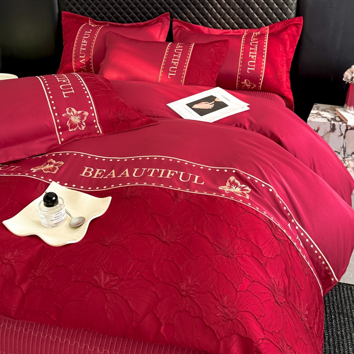 91家纺网 家纺一手货源 找家纺 首尔家纺 2026新款金丝立体浮雕提花水洗真丝天丝床盖款四件套 百合-大红