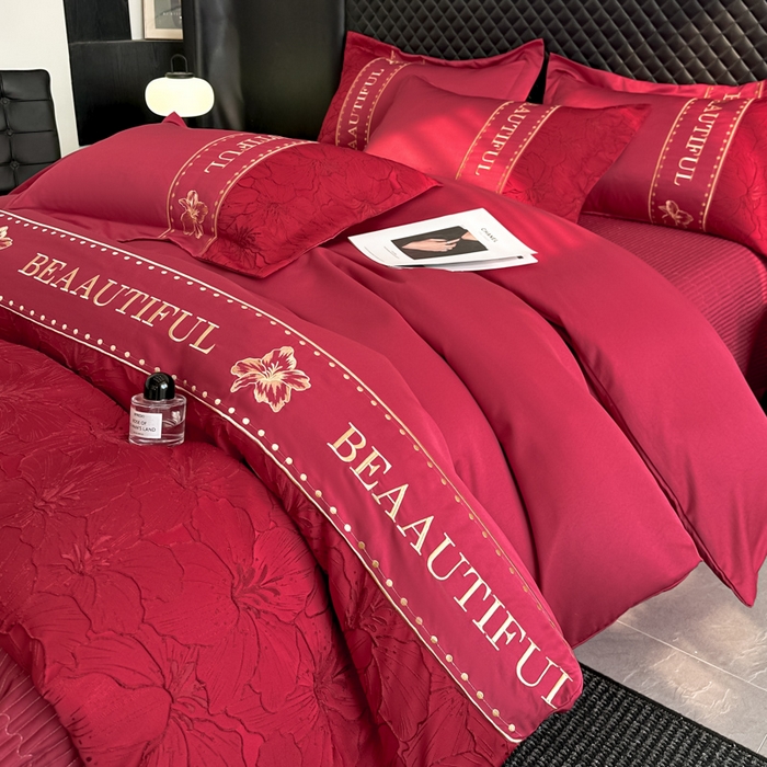 91家纺网 家纺一手货源 找家纺 首尔家纺 2026新款金丝立体浮雕提花水洗真丝天丝床盖款四件套 百合-大红