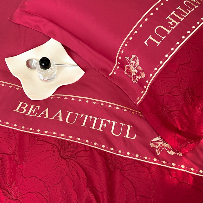 91家纺网 家纺一手货源 找家纺 首尔家纺 2026新款金丝立体浮雕提花水洗真丝天丝床盖款四件套 百合-大红