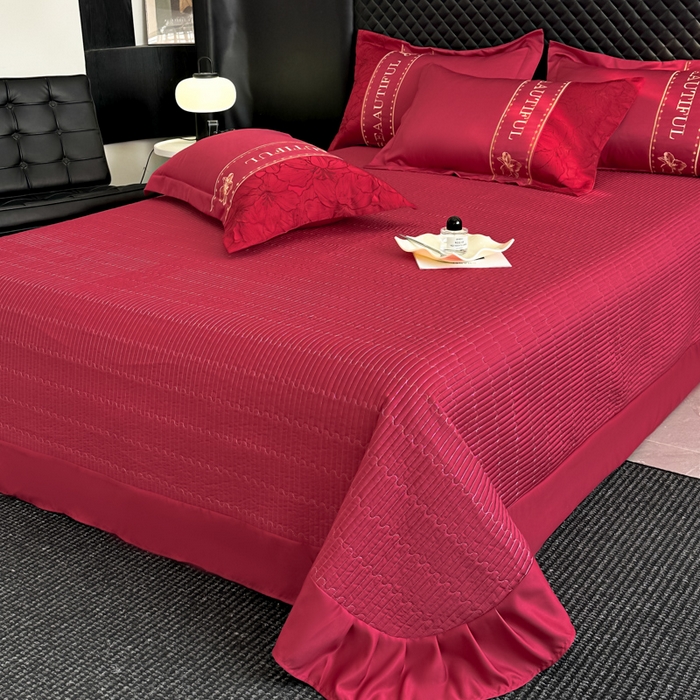 91家纺网 家纺一手货源 找家纺 首尔家纺 2026新款金丝立体浮雕提花水洗真丝天丝床盖款四件套 百合-大红