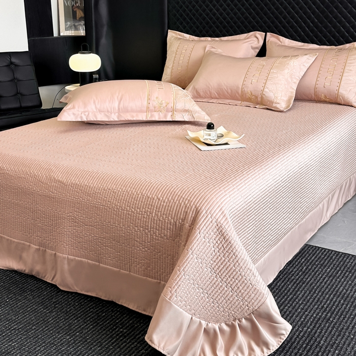 91家纺网 家纺一手货源 找家纺 首尔家纺 2026新款金丝立体浮雕提花水洗真丝天丝床盖款四件套 百合-粉玉