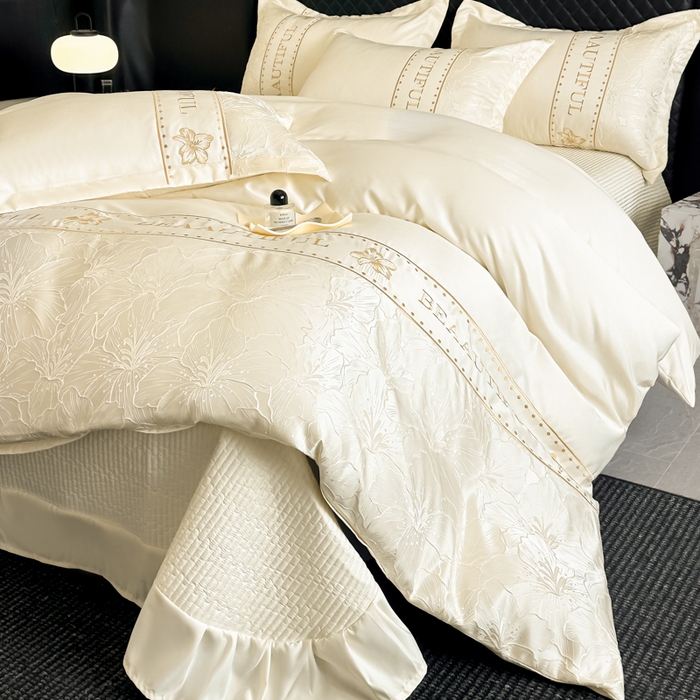 首尔家纺 2026新款金丝立体浮雕提花水洗真丝天丝床盖款四件套 百合-米白