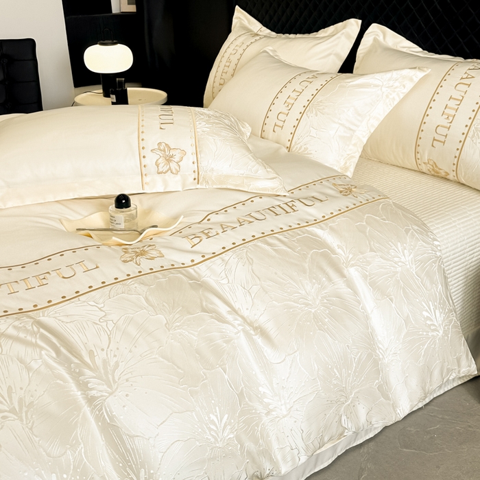 91家纺网 家纺一手货源 找家纺 首尔家纺 2026新款金丝立体浮雕提花水洗真丝天丝床盖款四件套 百合-米白