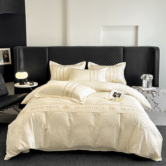 91家纺网 家纺一手货源 找家纺 首尔家纺 2026新款金丝立体浮雕提花水洗真丝天丝床盖款四件套 百合-米白