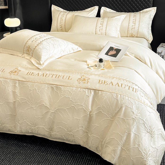 91家纺网 家纺一手货源 找家纺 首尔家纺 2026新款金丝立体浮雕提花水洗真丝天丝床盖款四件套 百合-米白