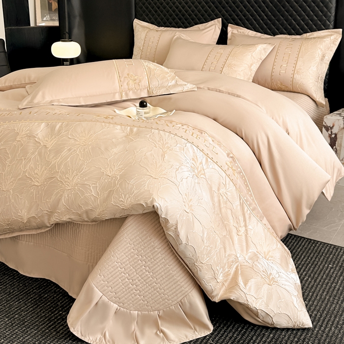 首尔家纺 2026新款金丝立体浮雕提花水洗真丝天丝床盖款四件套 百合-香槟