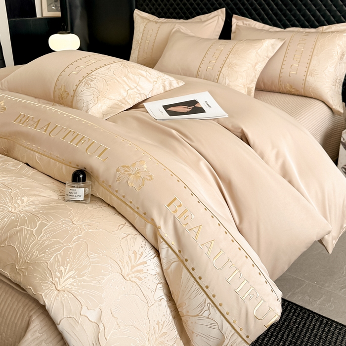 91家纺网 家纺一手货源 找家纺 首尔家纺 2026新款金丝立体浮雕提花水洗真丝天丝床盖款四件套 百合-香槟