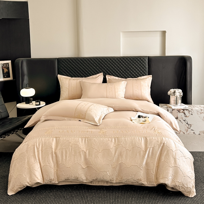 91家纺网 家纺一手货源 找家纺 首尔家纺 2026新款金丝立体浮雕提花水洗真丝天丝床盖款四件套 百合-香槟