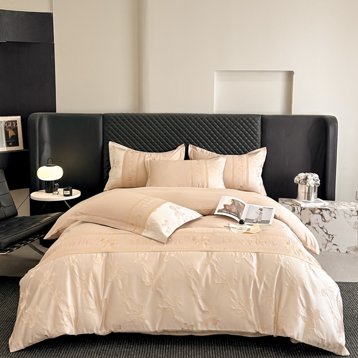 91家纺网 家纺一手货源 找家纺 首尔家纺 2026新款金丝立体浮雕提花水洗真丝天丝床盖款四件套 蝴蝶结-粉玉