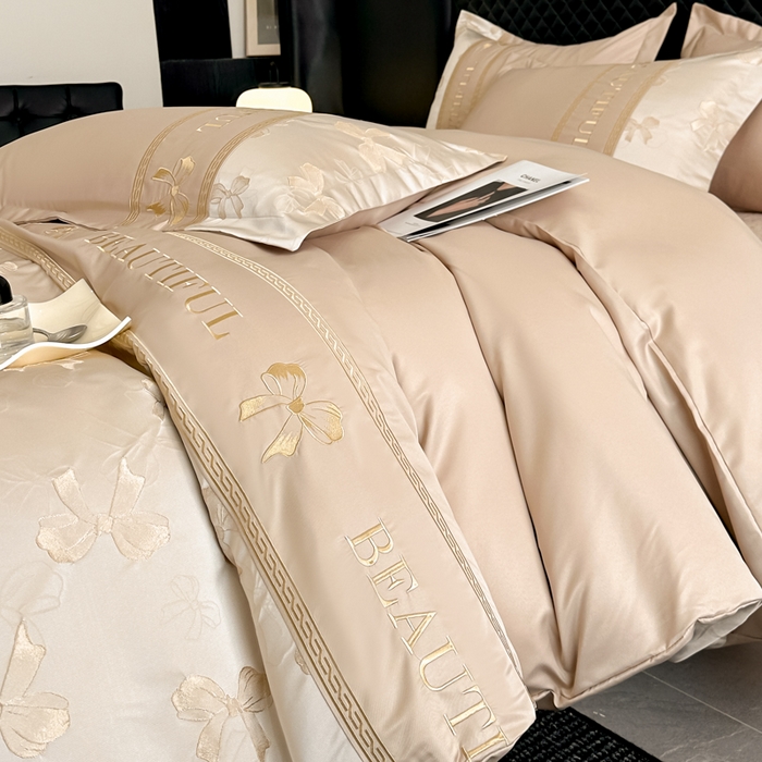 91家纺网 家纺一手货源 找家纺 首尔家纺 2026新款金丝立体浮雕提花水洗真丝天丝床盖款四件套 蝴蝶结-粉玉