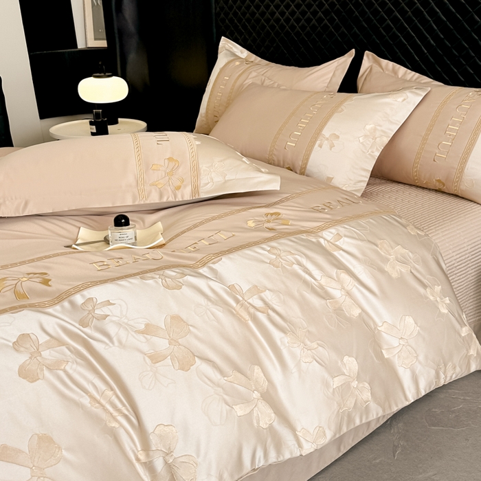 91家纺网 家纺一手货源 找家纺 首尔家纺 2026新款金丝立体浮雕提花水洗真丝天丝床盖款四件套 蝴蝶结-粉玉