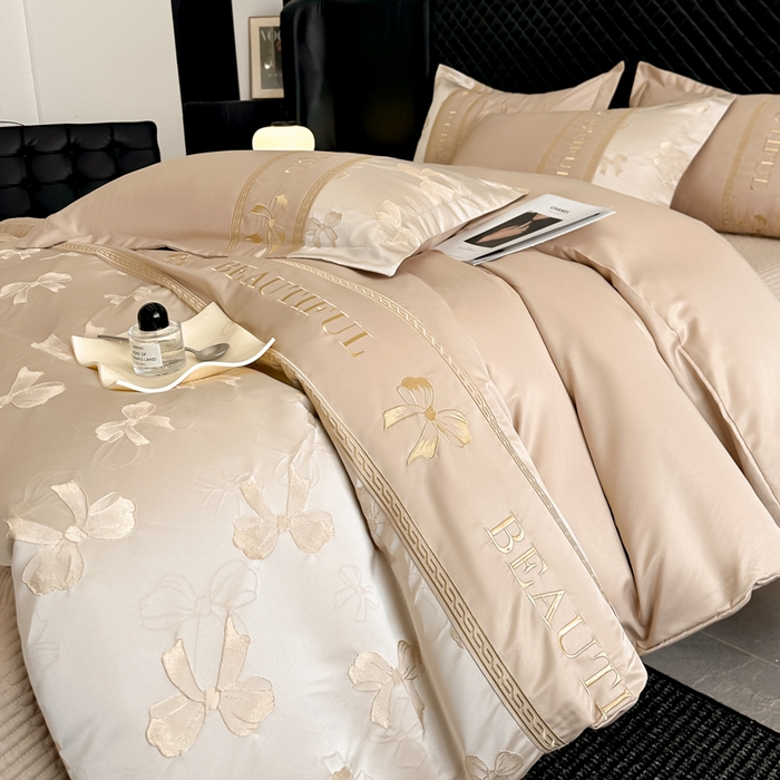 91家纺网 家纺一手货源 找家纺 首尔家纺 2026新款金丝立体浮雕提花水洗真丝天丝床盖款四件套 蝴蝶结-粉玉