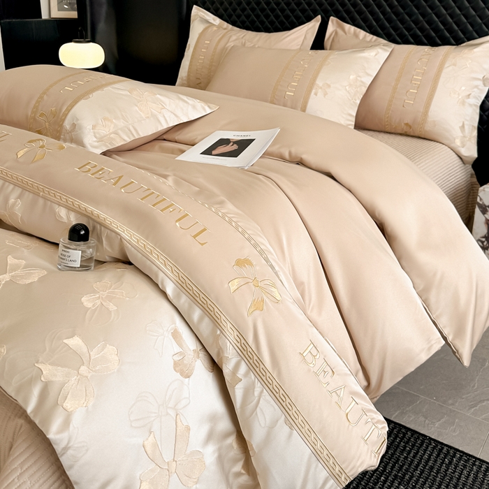 91家纺网 家纺一手货源 找家纺 首尔家纺 2026新款金丝立体浮雕提花水洗真丝天丝床盖款四件套 蝴蝶结-粉玉