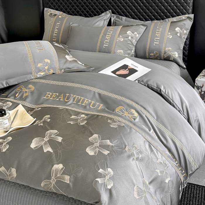 91家纺网 家纺一手货源 找家纺 首尔家纺 2026新款金丝立体浮雕提花水洗真丝天丝床盖款四件套 蝴蝶结-深灰