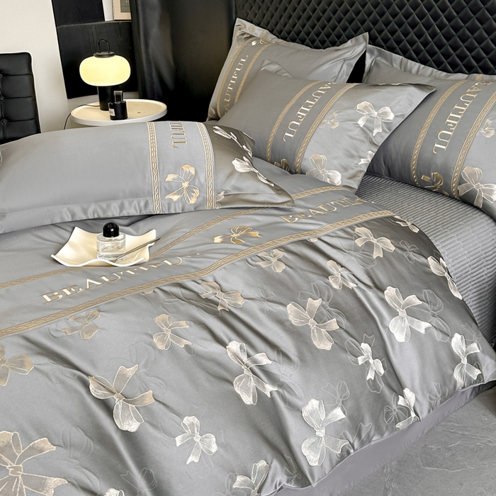 91家纺网 家纺一手货源 找家纺 首尔家纺 2026新款金丝立体浮雕提花水洗真丝天丝床盖款四件套 蝴蝶结-深灰