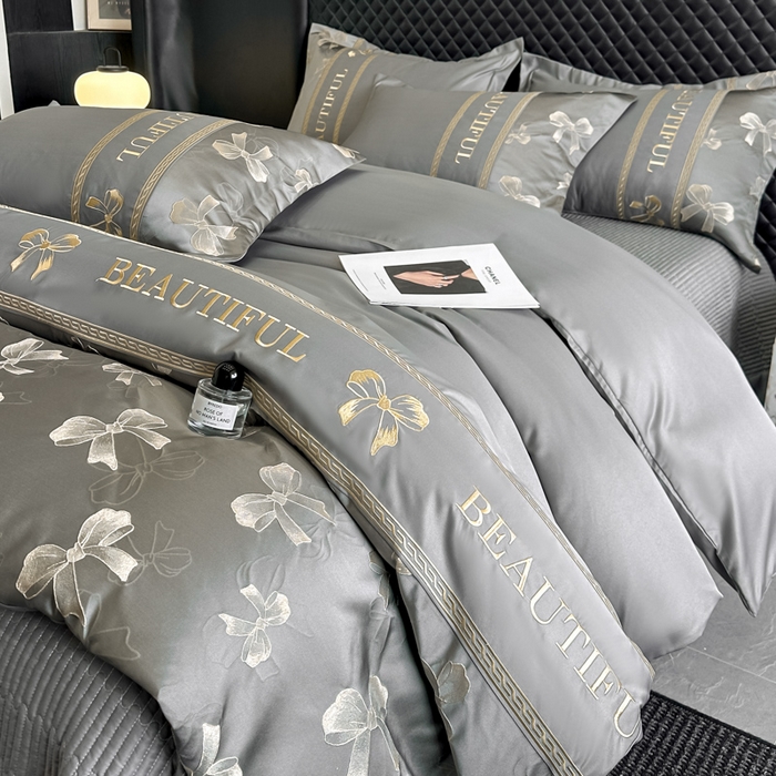 91家纺网 家纺一手货源 找家纺 首尔家纺 2026新款金丝立体浮雕提花水洗真丝天丝床盖款四件套 蝴蝶结-深灰