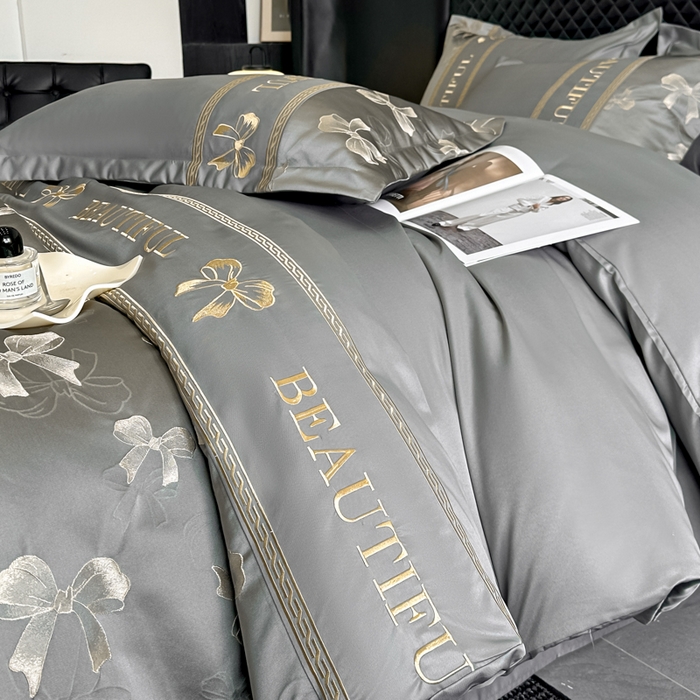 91家纺网 家纺一手货源 找家纺 首尔家纺 2026新款金丝立体浮雕提花水洗真丝天丝床盖款四件套 蝴蝶结-深灰