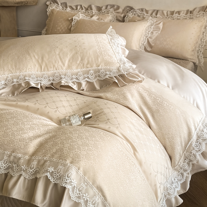 91家纺网 家纺一手货源 找家纺 首尔家纺 2026新款花边蕾丝提花水洗真丝天丝四件套 浮生若梦-香槟