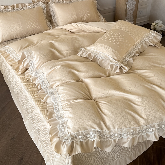 91家纺网 家纺一手货源 找家纺 首尔家纺 2026新款花边蕾丝提花水洗真丝天丝四件套 浮生若梦-香槟