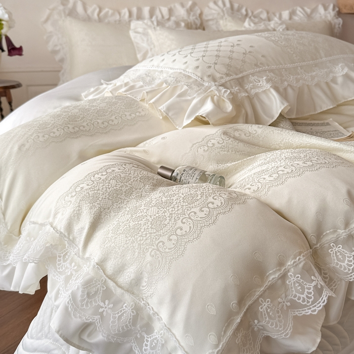 首尔家纺 2026新款花边蕾丝提花水洗真丝天丝四件套 浮生若梦-米白