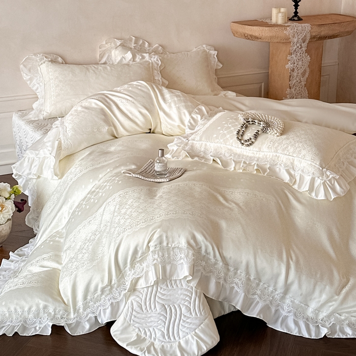 91家纺网 家纺一手货源 找家纺 首尔家纺 2026新款花边蕾丝提花水洗真丝天丝四件套 浮生若梦-米白