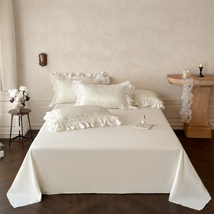 91家纺网 家纺一手货源 找家纺 首尔家纺 2026新款花边蕾丝提花水洗真丝天丝四件套 浮生若梦-米白