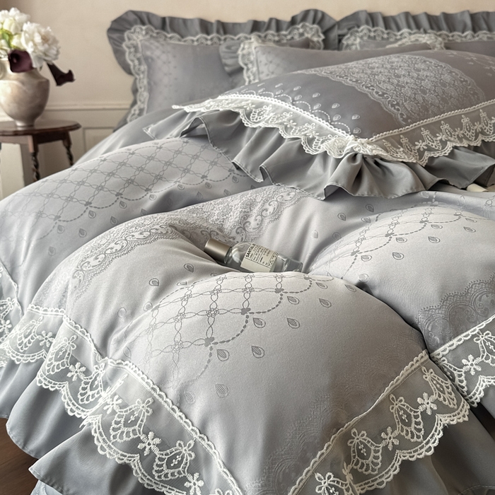 首尔家纺 2026新款花边蕾丝提花水洗真丝天丝四件套 浮生若梦-浅云灰