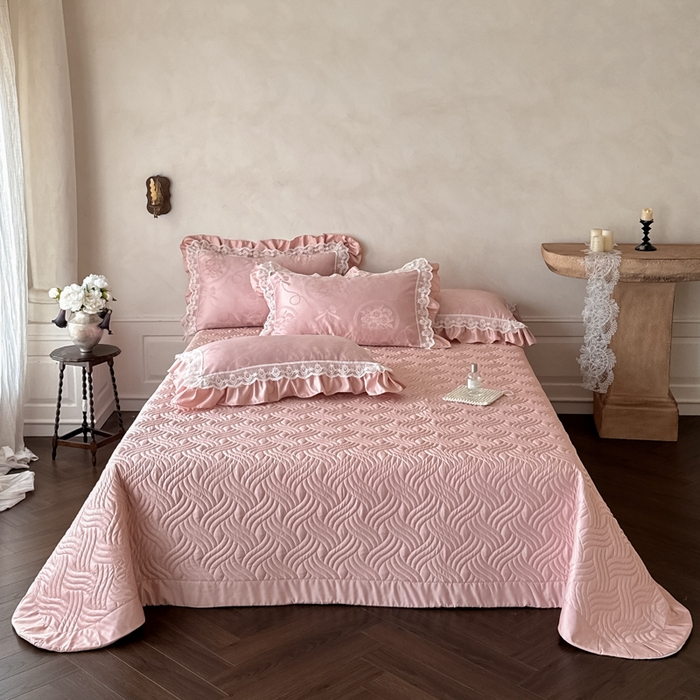 91家纺网 家纺一手货源 找家纺 首尔家纺 2026新款花边蕾丝提花水洗真丝天丝四件套 秘境-粉豆沙