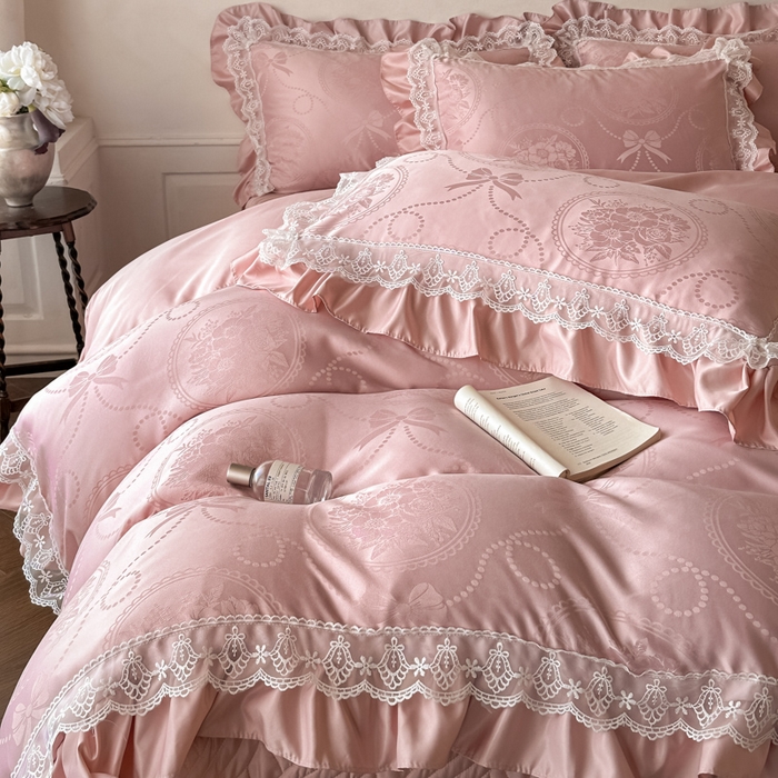 91家纺网 家纺一手货源 找家纺 首尔家纺 2026新款花边蕾丝提花水洗真丝天丝四件套 秘境-粉豆沙