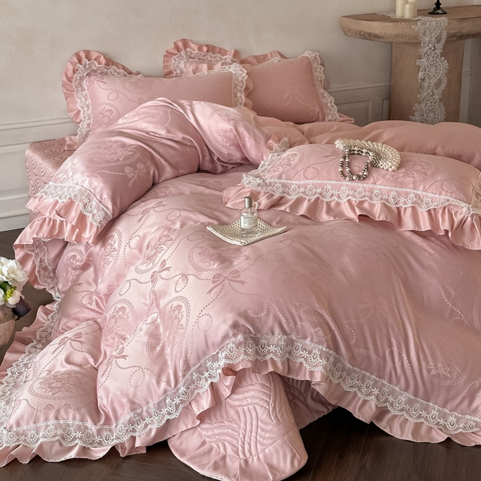 91家纺网 家纺一手货源 找家纺 首尔家纺 2026新款花边蕾丝提花水洗真丝天丝四件套 秘境-粉豆沙