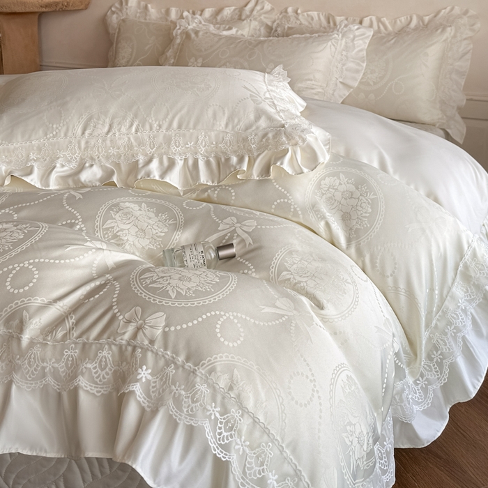 91家纺网 家纺一手货源 找家纺 首尔家纺 2026新款花边蕾丝提花水洗真丝天丝四件套 秘境-米白