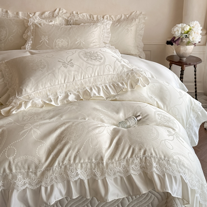 91家纺网 家纺一手货源 找家纺 首尔家纺 2026新款花边蕾丝提花水洗真丝天丝四件套 秘境-米白