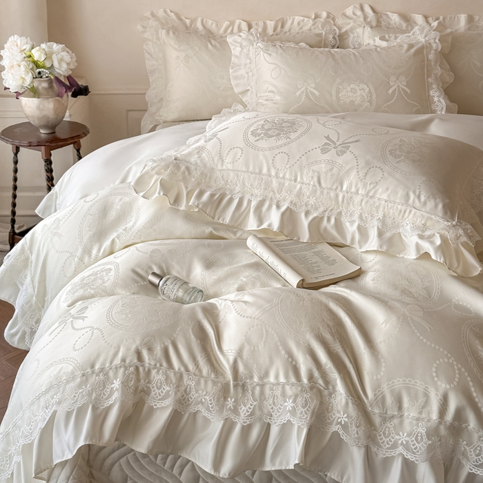 91家纺网 家纺一手货源 找家纺 首尔家纺 2026新款花边蕾丝提花水洗真丝天丝四件套 秘境-米白