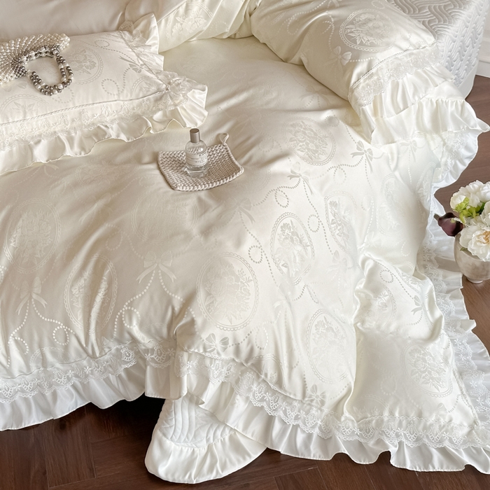 91家纺网 家纺一手货源 找家纺 首尔家纺 2026新款花边蕾丝提花水洗真丝天丝四件套 秘境-米白