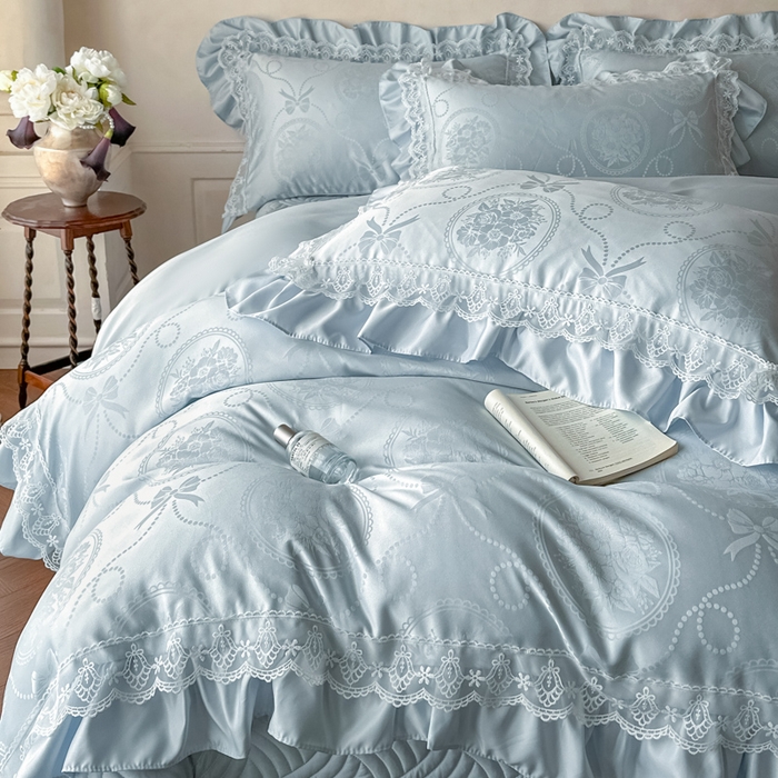 91家纺网 家纺一手货源 找家纺 首尔家纺 2026新款花边蕾丝提花水洗真丝天丝四件套 秘境-天蓝