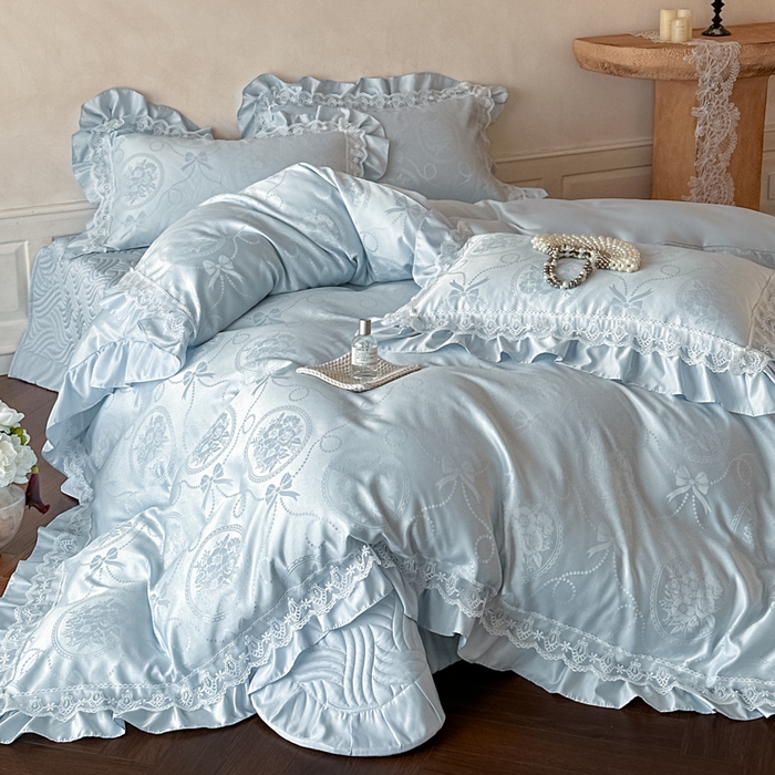 91家纺网 家纺一手货源 找家纺 首尔家纺 2026新款花边蕾丝提花水洗真丝天丝四件套 秘境-天蓝