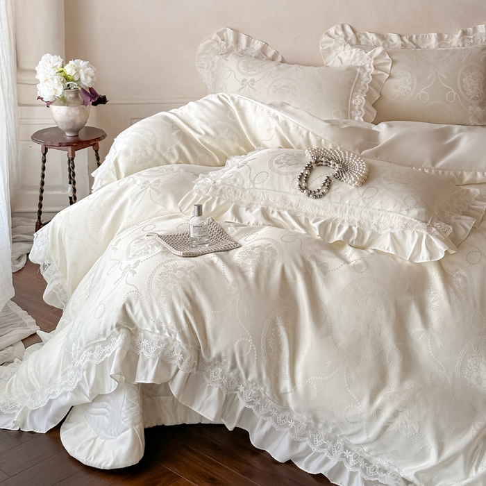 91家纺网 家纺一手货源 找家纺 首尔家纺 2026新款花边蕾丝提花水洗真丝天丝床盖款四件套 秘境-米白