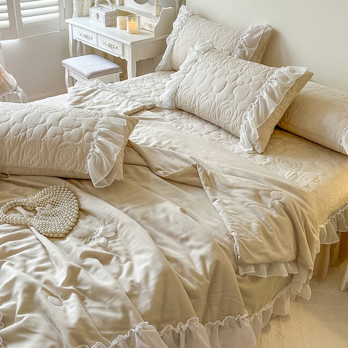 91家纺网 家纺一手货源 找家纺 网红馆（ck家纺） 2026春夏新款韩系巴黎纱夏被夏凉被空调被床盖四件套-曼塔玫瑰 曼塔玫瑰-卡其