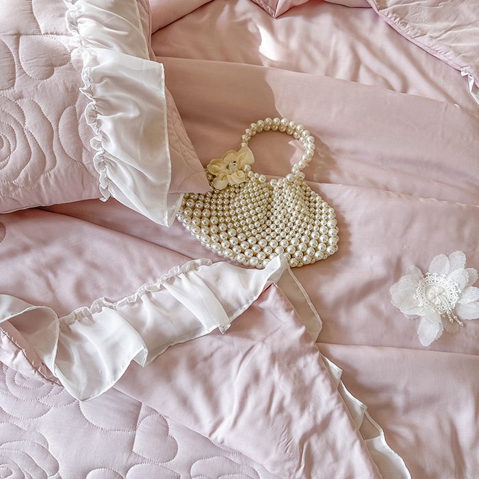 91家纺网 家纺一手货源 找家纺 网红馆（ck家纺） 2026春夏新款韩系巴黎纱夏被夏凉被空调被床盖四件套-曼塔玫瑰 曼塔玫瑰-藕色