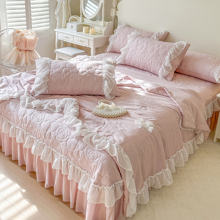 91家纺网 家纺一手货源 找家纺 网红馆（ck家纺） 2026春夏新款韩系巴黎纱夏被夏凉被空调被床盖四件套-曼塔玫瑰 曼塔玫瑰-藕色