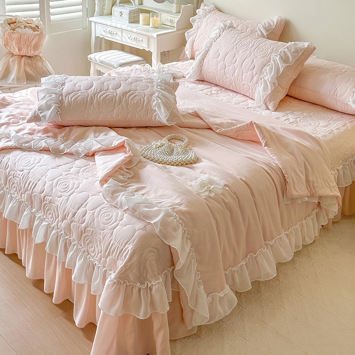 91家纺网 家纺一手货源 找家纺 网红馆（ck家纺） 2026春夏新款韩系巴黎纱夏被夏凉被空调被床盖四件套-曼塔玫瑰 曼塔玫瑰-粉色