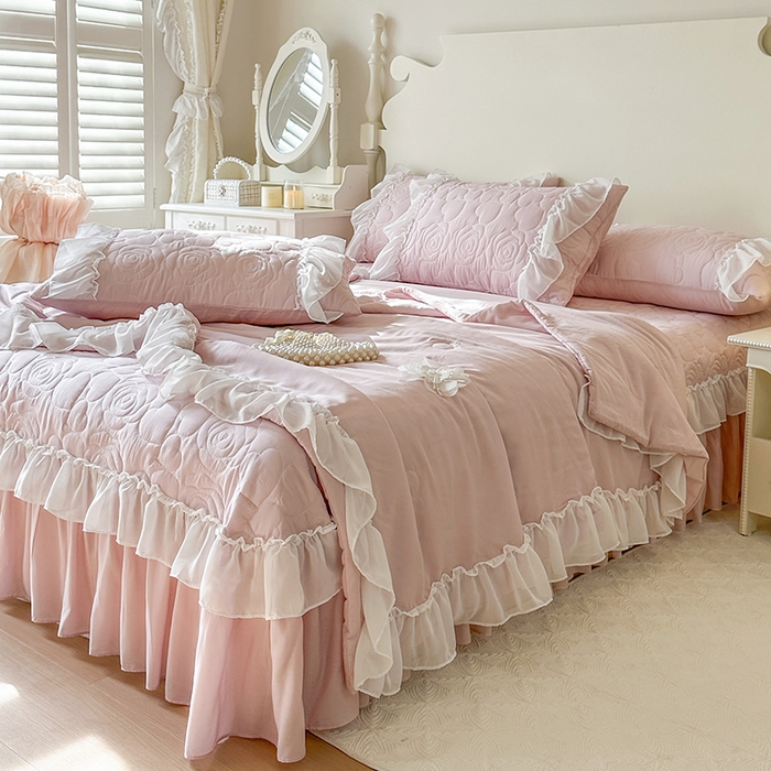 91家纺网 家纺一手货源 找家纺 网红馆（ck家纺） 2026春夏新款韩系巴黎纱夏被夏凉被空调被床盖四件套-曼塔玫瑰 曼塔玫瑰-藕色