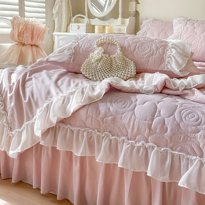 91家纺网 家纺一手货源 找家纺 网红馆（ck家纺） 2026春夏新款韩系巴黎纱夏被夏凉被空调被床盖四件套-曼塔玫瑰 曼塔玫瑰-藕色