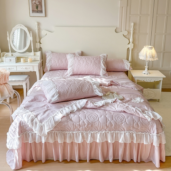 91家纺网 家纺一手货源 找家纺 网红馆（ck家纺） 2026春夏新款韩系巴黎纱夏被夏凉被空调被床盖四件套-曼塔玫瑰 曼塔玫瑰-藕色